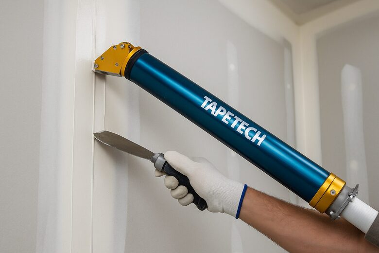 TapeTech Bazooka un špakteļlāpstiņa darbībā, uzklājot špakteļmasu un papīra lenti uz reģipša stūru šuvēm kvalitatīvai griestu un sienu apdarei.